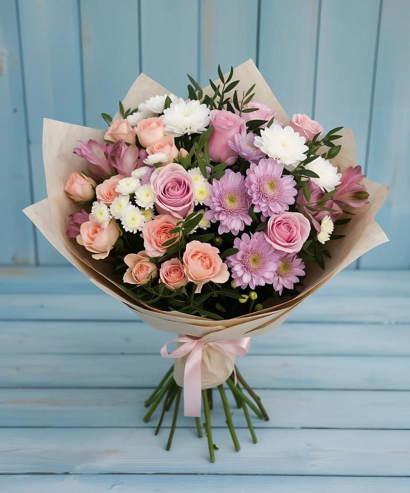 Букет цветов из: Хризантемы, Розы и Альстромерии в Песчанке