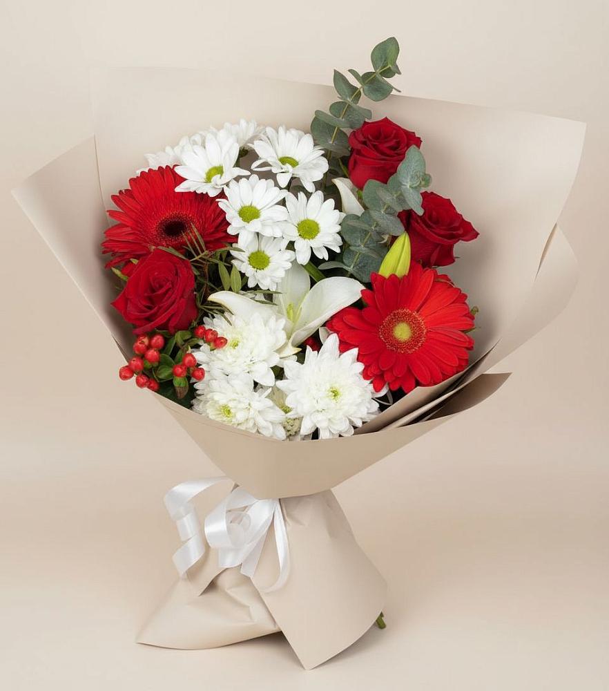 Букет цветов из: Розы, Хризантемы, Герберы и Лилии в Песчанке