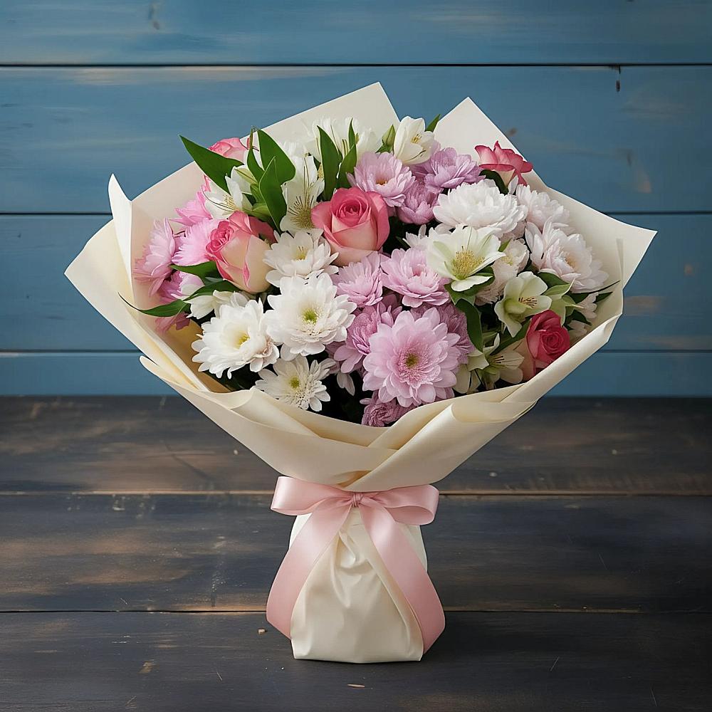 Букет цветов из: Хризантемы, Альстромерии и Розы в Песчанке